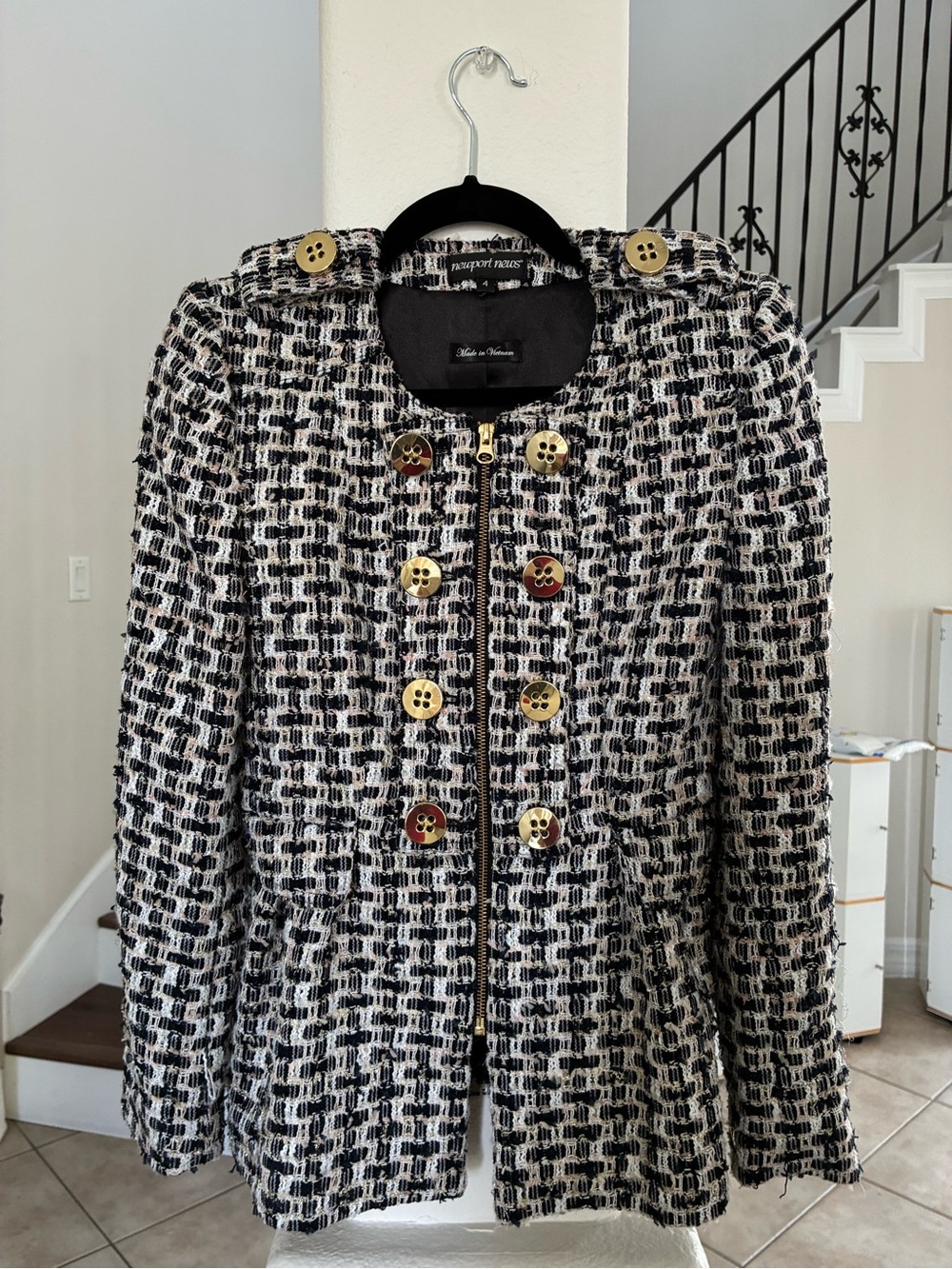 Newport News Black and White Tweed Blazer with Gold Buttons